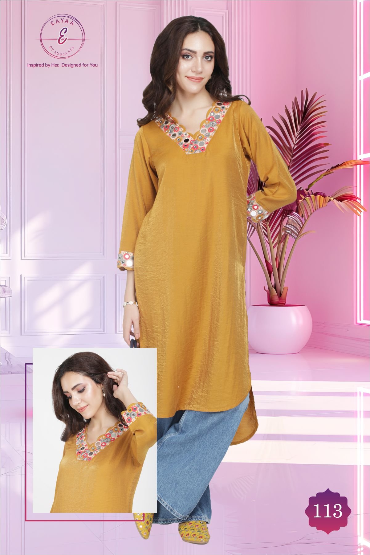 Mustard Mirror Work Kurti