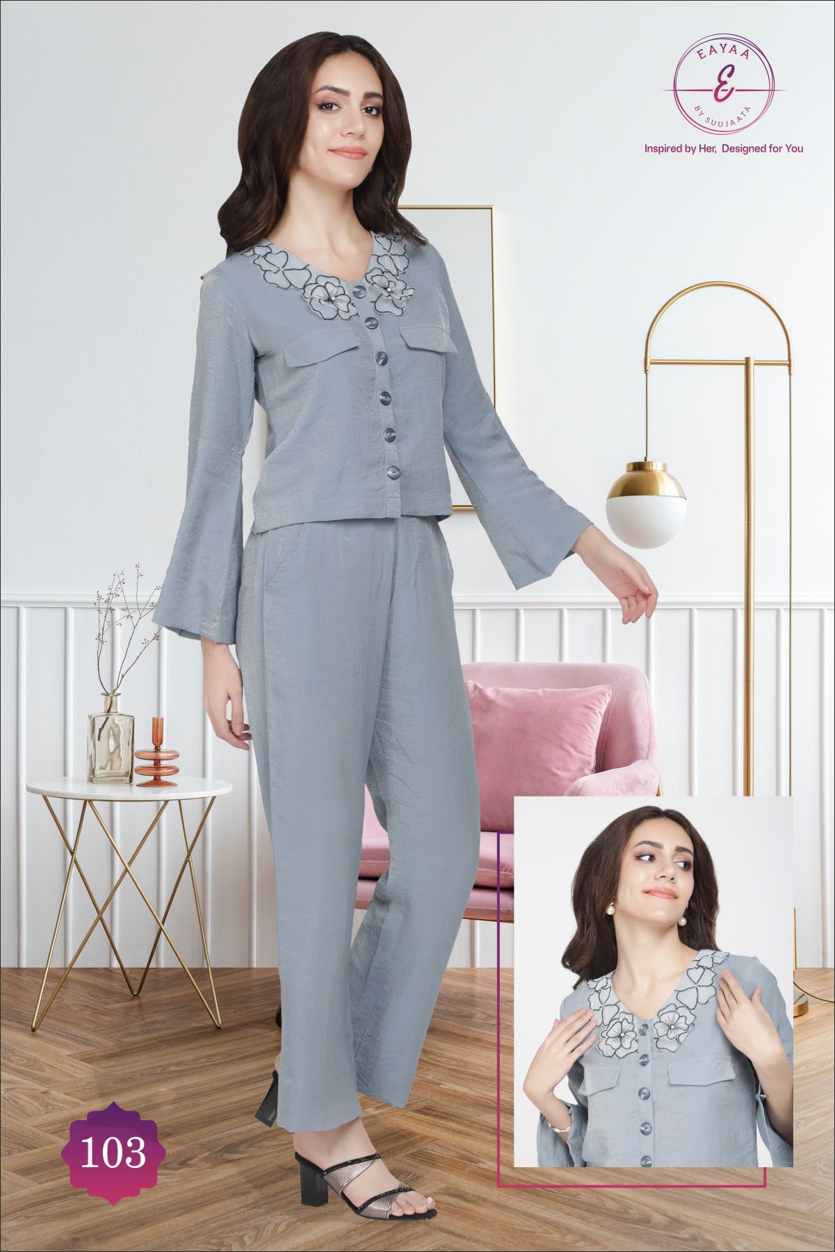 2-Piece Co-ord Set with Flower Collar Shirt